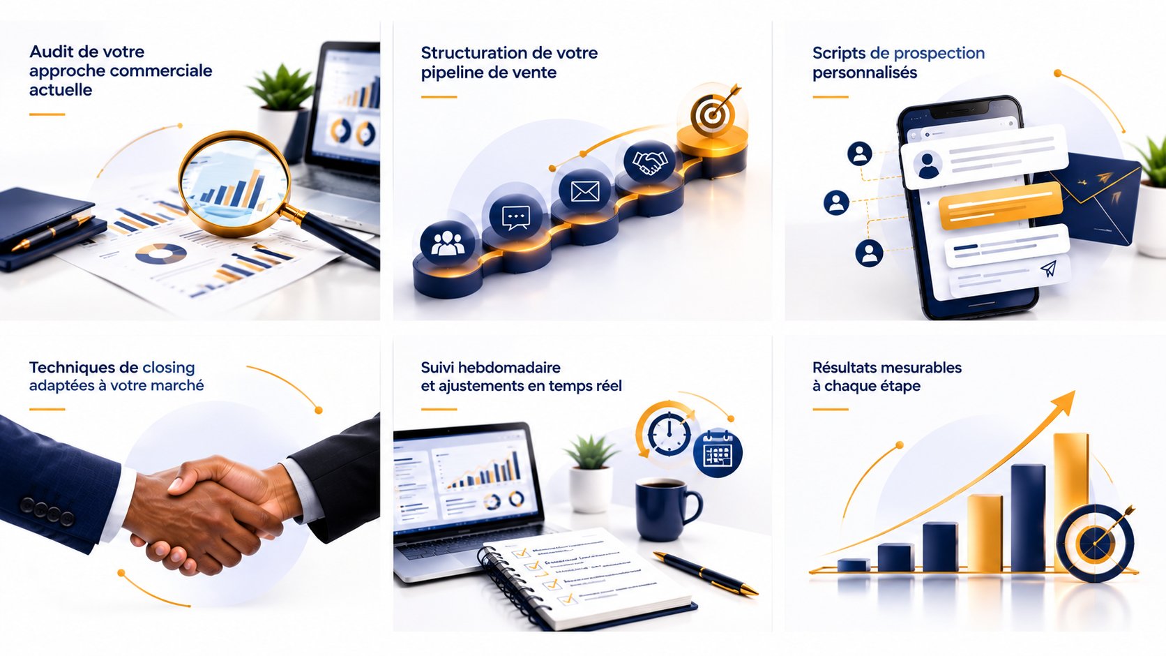 Les 6 étapes du Programme 45 Jours : audit, structuration du pipeline, scripts de prospection, techniques de closing, suivi hebdomadaire, résultats mesurables